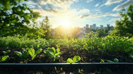 Naklejka premium Edible plants thriving in a lush garden under midday sunlight ground-level view nature photography