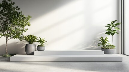 Minimalist indoor setting with plants and raised platforms.