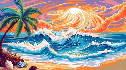 Tropical beach scene with palm trees, waves, and seashells in a vibrant vector style.

