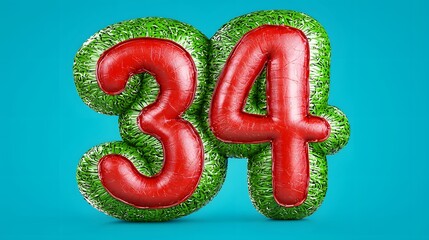 Red and Green Textured Number 34 on Light Blue Background