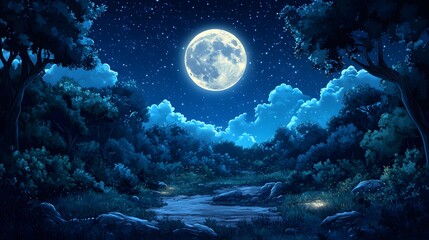 A Beautiful Night Sky Shows A Full Moon Over A Forest