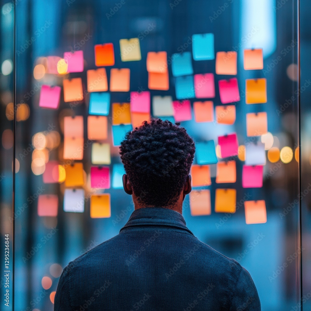 Leinwandbilder Agile Innovation Visualization Gen Z Creative Professional Exploring Collaborative Brainstorming Wall with Vibrant Post-It Strategy in Immersive Modern Workspace