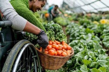 Fototapeta premium Inclusive Urban Farming Adaptive Greenhouse Harvesting - Empowering Sustainable Living Through Accessible Agriculture and Community Wellness
