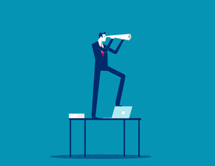 The businessman stands on the table and looks away with the rolled up paper. Business vector concept