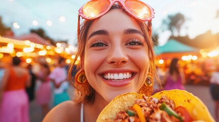 Vibrant Street Food Revolution Gen Z Foodie Embraces Global Fusion Cuisine with Joyful Culinary Adventure in Dynamic Urban Market Setting