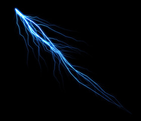 Striking electric blue lightning bolt diagonally cuts through the dark, creating a powerful and dramatic visual of natural energy and atmospheric phenomena.