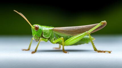 Fototapeta premium Close-up view of a vibrant green grasshopper on a surface with a blurred natural background