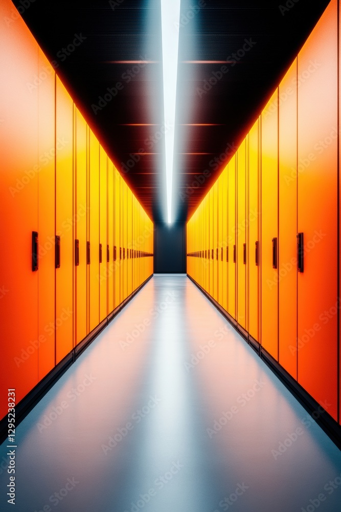 Fototapete Hyper-Efficient Digital Infrastructure Minimalist Data Center Corridor Showcasing Next-Gen Cloud Computing Architecture with Precision-Engineered Symmetry and Vibrant Performance Visualization