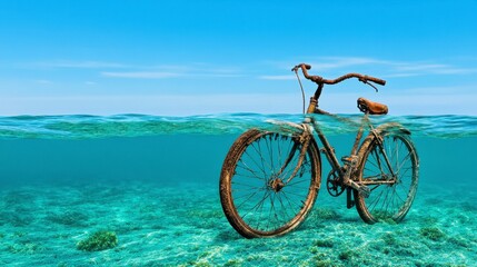 Fototapeta premium Submerged Rusty Bicycle in Clear Ocean Water