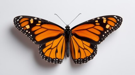 Fototapeta premium Close-up view of a vibrant Monarch butterfly showcasing its intricate wing patterns against a plain background