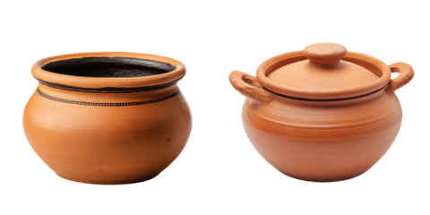 Two traditional earthenware clay pots in different sizes for cooking stews soups and broths as well as serving homemade meals in a rustic artisanal kitchen decor setting