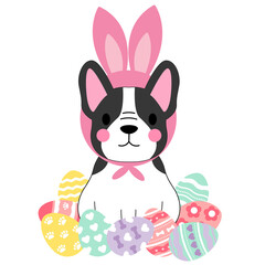 cute dog, French bulldog, Easter dog, bunny ears, dog with eggs, Easter basket, pastel eggs, holiday pet, festive puppy, dog in egg, rabbit and dog, spring celebration, pet with bow, Easter clip art, 