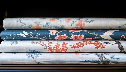 Fototapeta premium Rolled Fabrics with Floral and Bird Designs Stacked Together