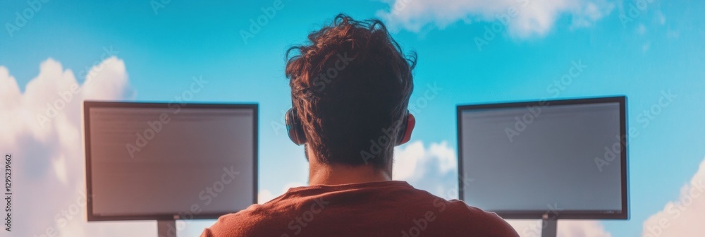 Aufkleber Hybrid Workflow Visualization Minimalist Tech Professionals Dynamic Dual-Screen Remote Workspace with Cloud-Inspired Atmospheric Productivity Backdrop