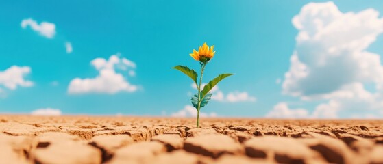 Resilient Bloom Climate Crisis Visual Narrative - Solitary Sunflower Defying Drought in Cracked Earth, Symbolic Hope for Environmental Sustainability