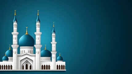 White Mosque with Blue Domes Against Dark Blue Background