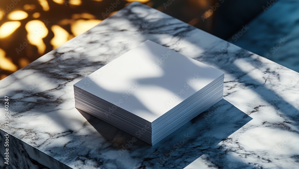 Poster white cube product display on marble surface with shadows