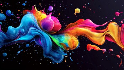 Colorful paint splashes and swirls on black background