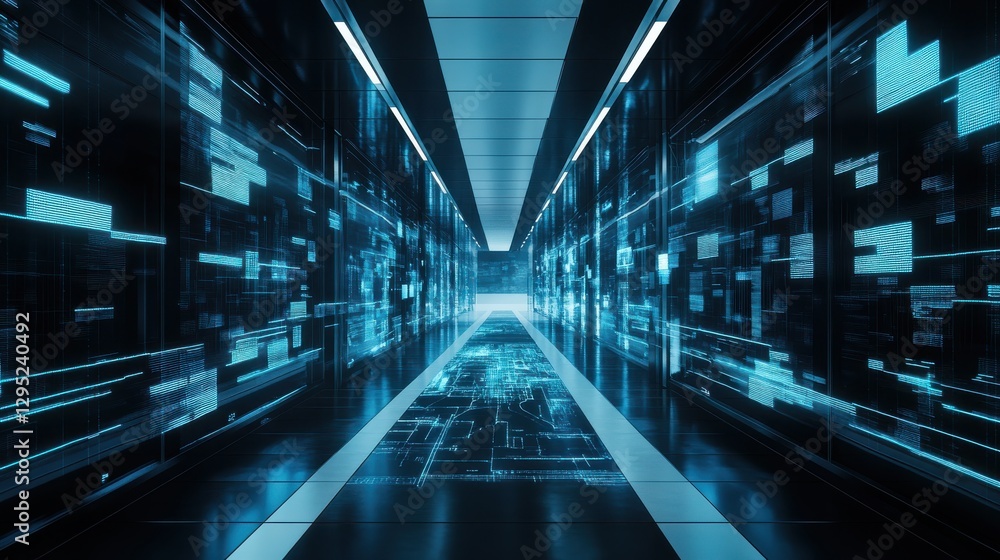 Poster futuristic corridor with glowing data streams and high-tech digital graphics in a modern architectur