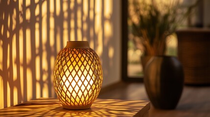 Obraz premium Warm light, ceramic lamp, sunlit bamboo screen, interior space