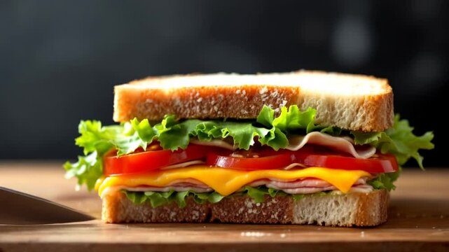  Sandwich being cut in half with a sharp knife, followed by a close-up reveal of its delicious contents