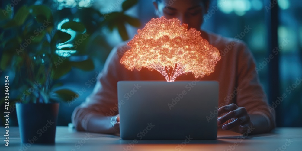 Poster Illuminating AI Creativity Holographic Neural Tree Visualization in Minimalist Workspace - Cutting-Edge Digital Innovation Meets Human Imagination and Technological Empowerment