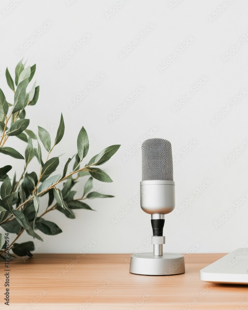 Poster minimalist podcast studio vintage silver microphone with olive botanical styling - elegant content c