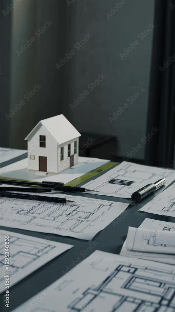 Poster aerial view of architectural blueprints and a model house on a desk, creating a professional plannin