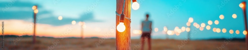 Poster twilight connection festive globe string lights creating warm community ambiance for outdoor event d