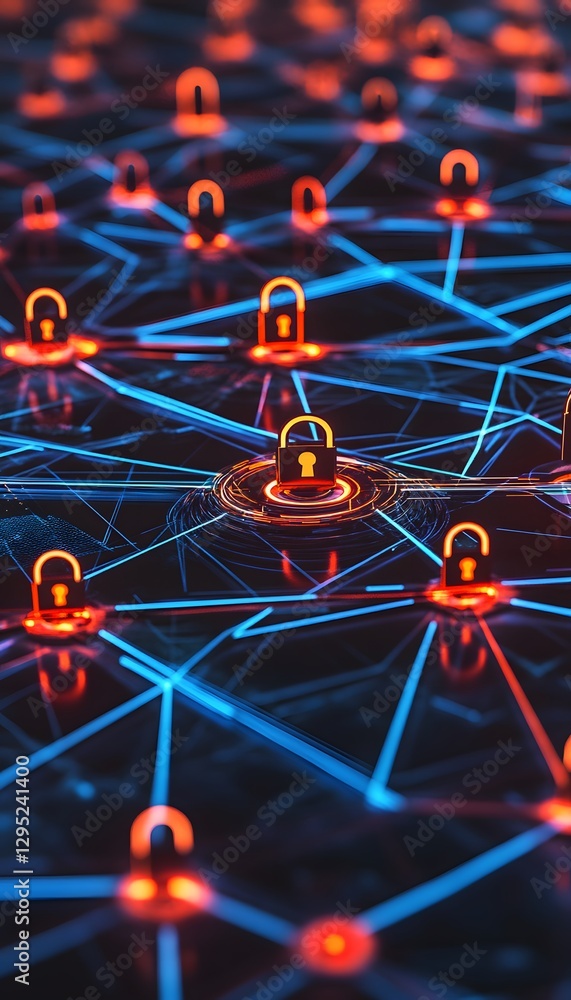 Poster network security concept showing connected padlocks over a digital network