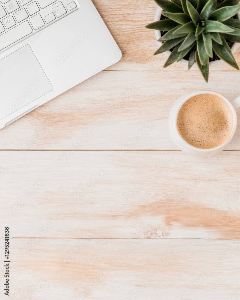 Poster minimalist remote work sanctuary serene wooden desk with tech and greenery - inspiring productivity 