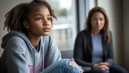 Obraz premium A Thoughtful African American Teenage Girl in a Hoodie Looks Out a Window While an Adult Woman Sits Nearby, Indicating a Moment of Reflection and Emotional Support