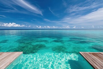 Obraz premium Tranquil Eco-Luxury Infinity Pool Immersive Tropical Seascape Merging Sustainable Design with Breathtaking Maldivian Coastal Wellness Experience