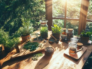Fototapeta premium Herbal remedies displayed on a wooden table with warm candlelight captured from above in a cozy setting