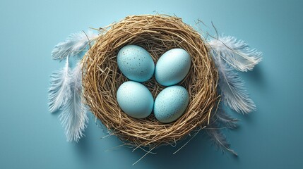 Obraz premium Light Blue Eggs in Nest on Blue Background