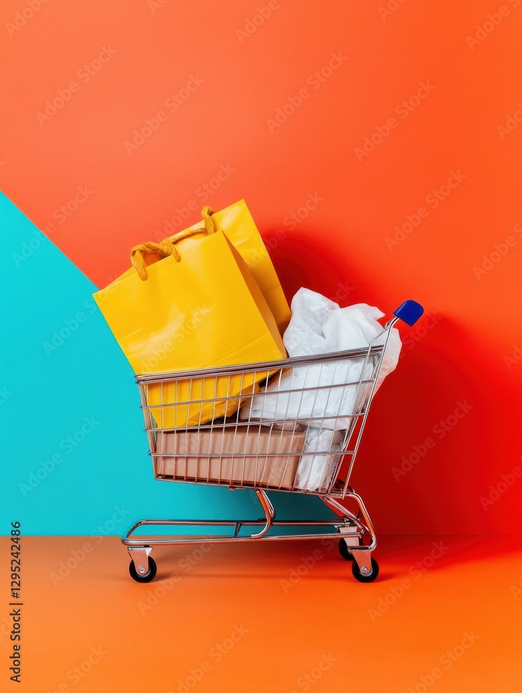 Poster vibrant e-commerce retail dynamics pop art-inspired shopping cart with yellow and white bags on bold