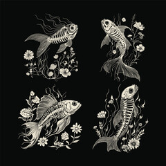 Fototapeta premium Fish skeleton with flower design vector template illustration