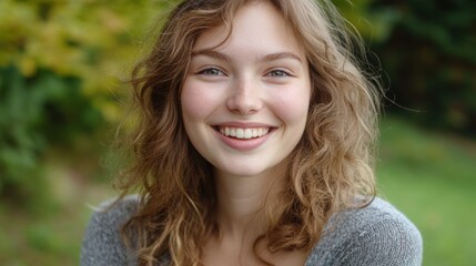 Fototapeta premium A cheerful young woman with a bright smile, looking directly at the camera, exuding warmth and confidence