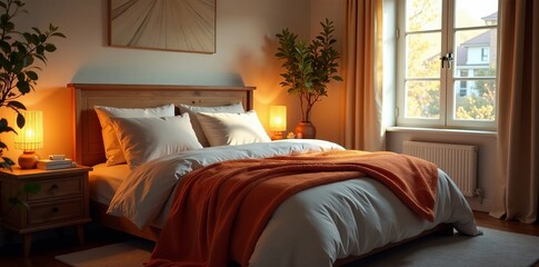 Cozy bedroom with warm blankets and fluffy pillows for a peaceful sleep, sleep, bedroom