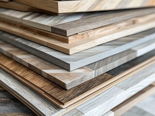 Stacked Tiles and Wood Samples Showing Various Textures and Colors