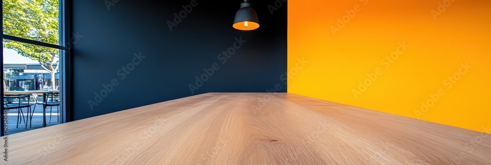 Poster industrial minimalist interior design bold color-block space with dynamic wood surface and contempor