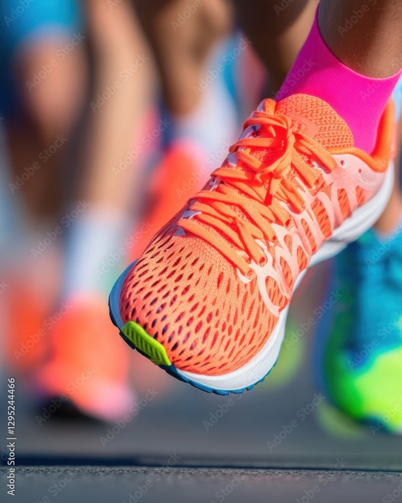 Poster dynamic urban performance high-voltage neon running shoe capturing millennial fitness trends in moti