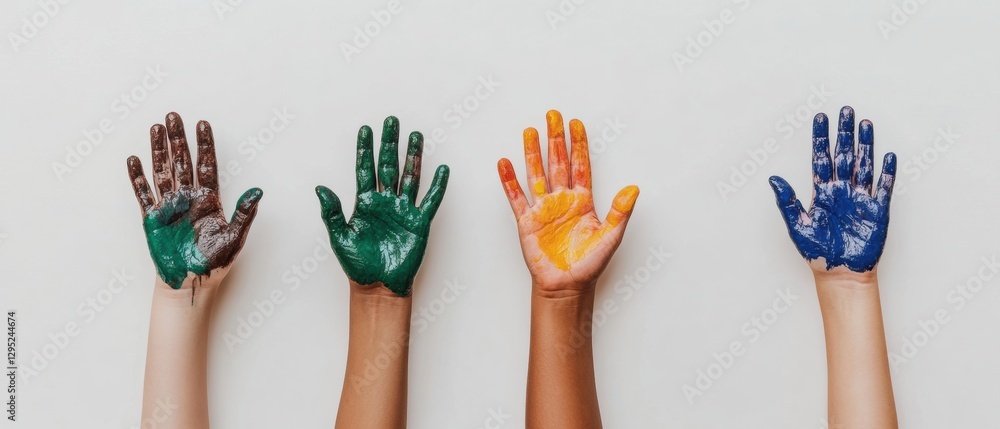 Aufkleber diversity and collaboration visualized multiethnic hands painted in vibrant colors expressing creati