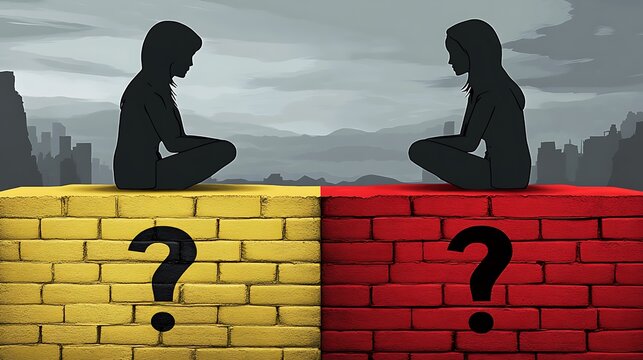 Silhouetted figures converse, divided by question marks