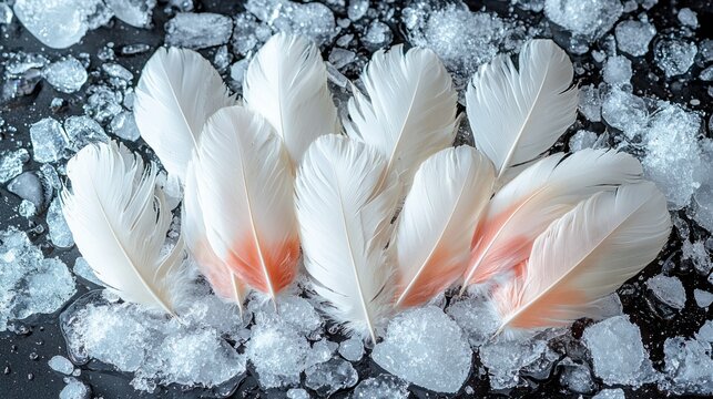 White feathers with coral tips on ice