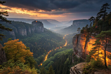 Breathtaking landscape of mountains and valleys at sunset, showcasing nature beauty