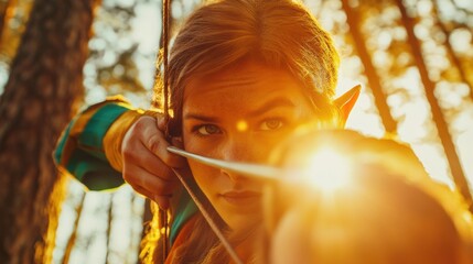 Immersive Fantasy Cosplay Golden Hour Elven Archer in Adaptive Forest Performance - Inclusive Storytelling and Cinematic Role-Play Content