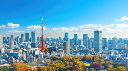 Tokyo Cityscape with Tower and Colorful Autumn Foliage View