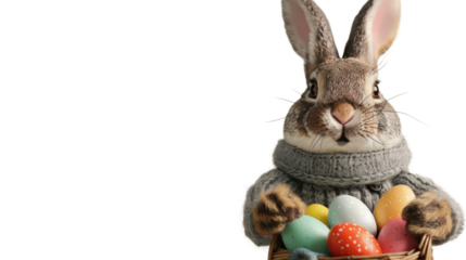 Easter bunny wearing sweater holding basket with colorful eggs on transparent background