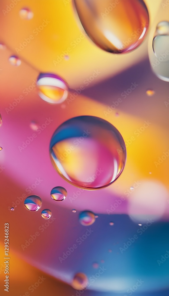 Poster water droplets refract light creating colorful abstract patterns